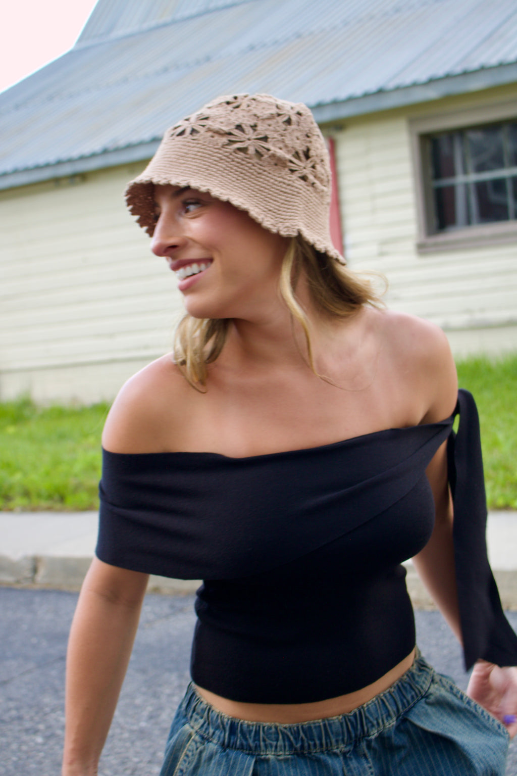Midnight Off-Shoulder Tie Top