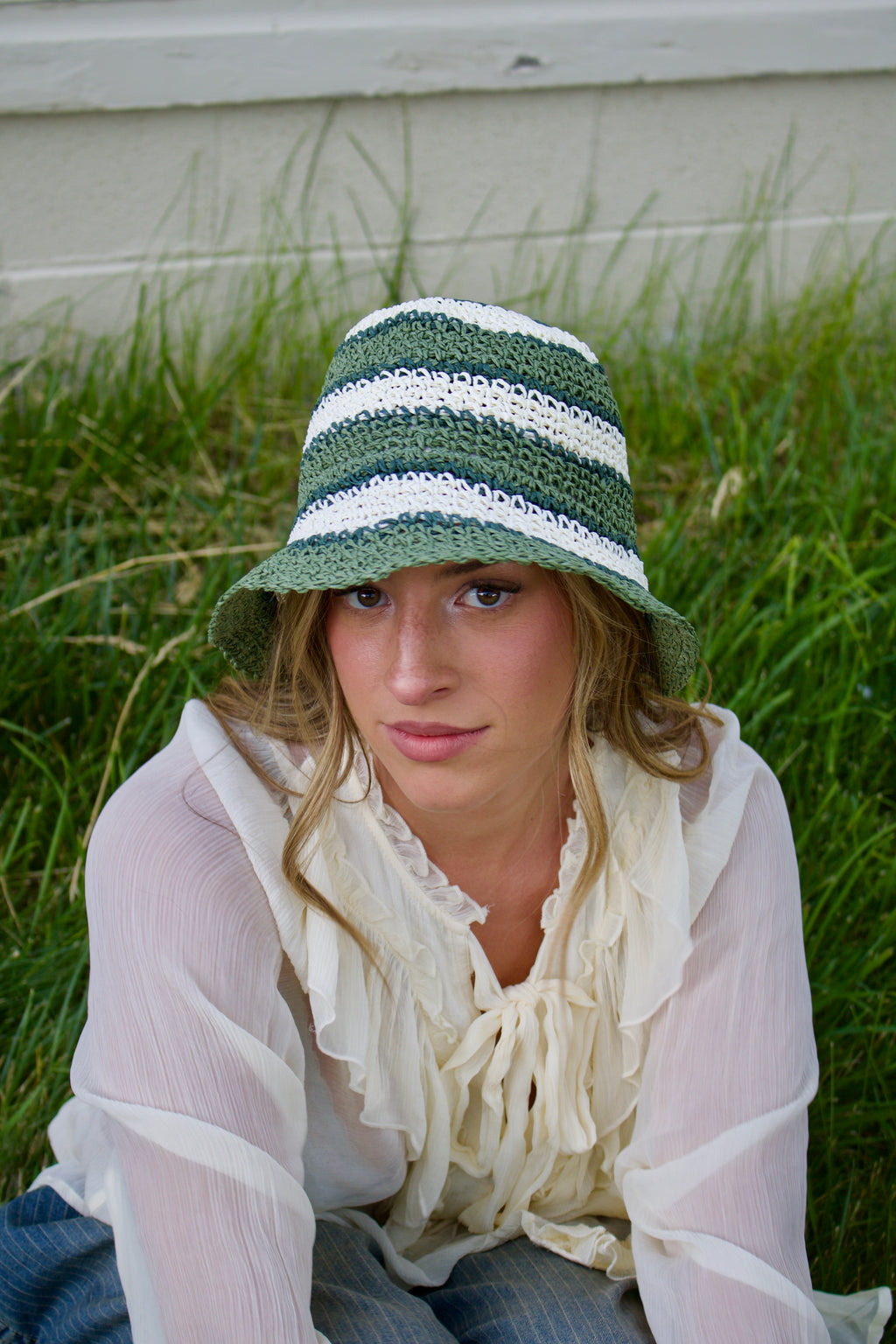Olive Crochet Striped Bucket Hat