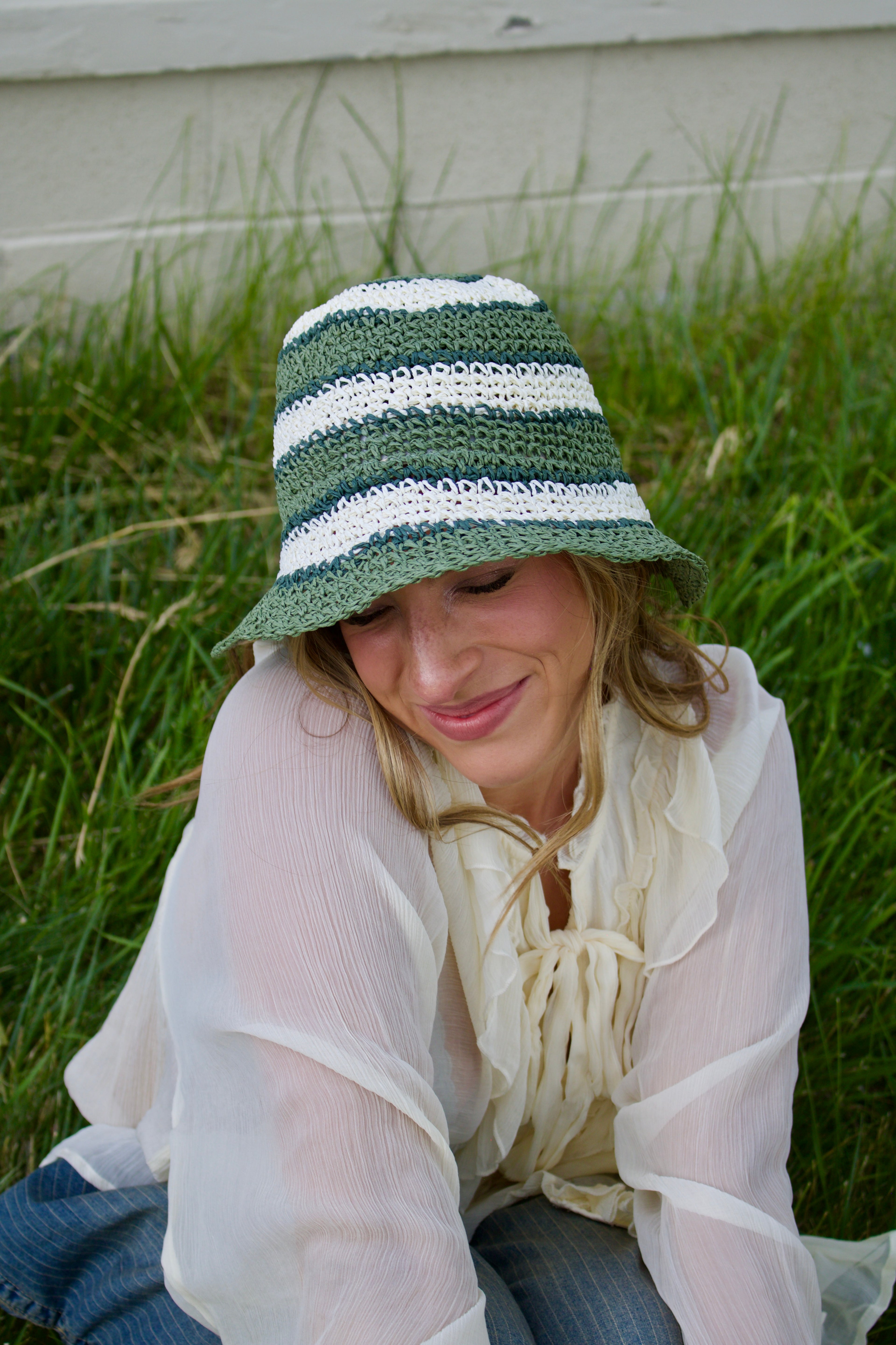 Olive Crochet Striped Bucket Hat