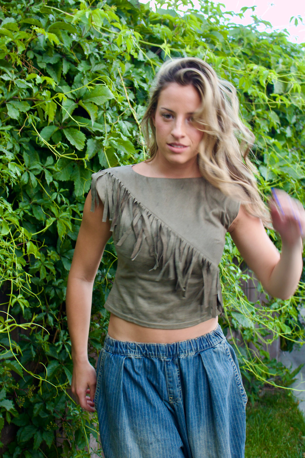 Olive Suede Fringe Top