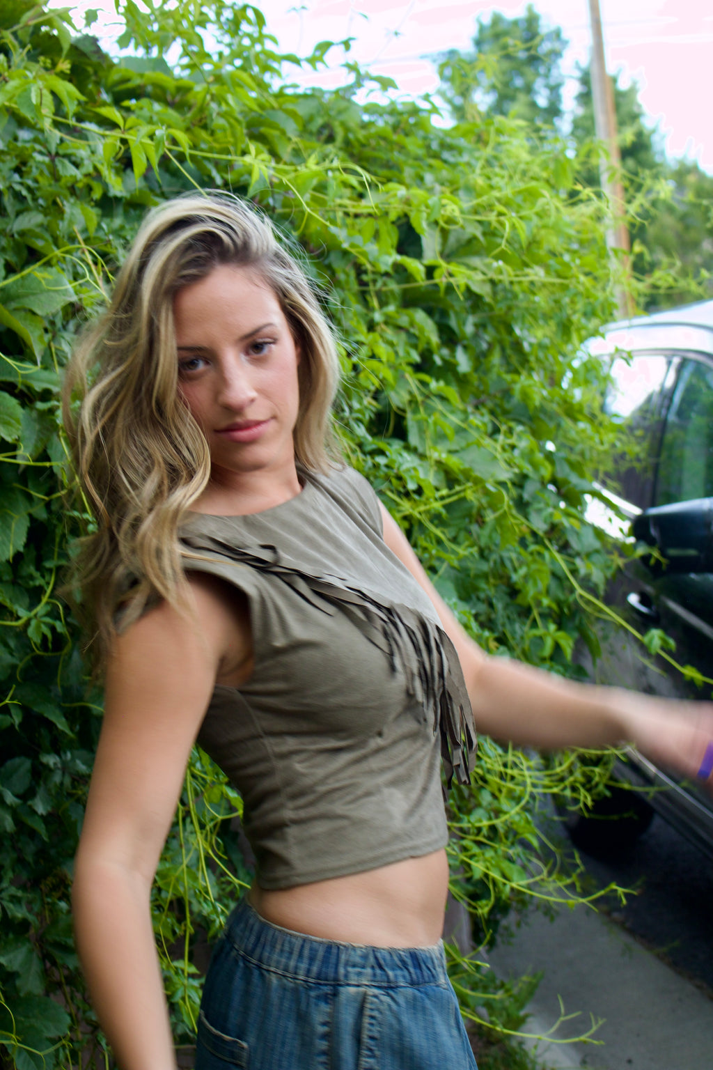 Olive Suede Fringe Top